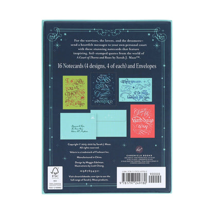 Teal gilded notecard box back showing multiple card designs, barcode, and info text