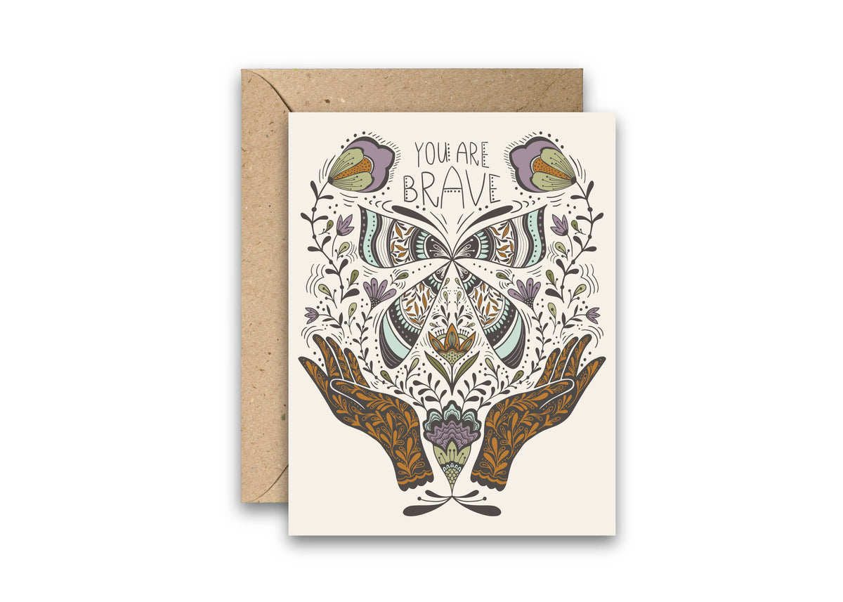 Mystical encouragement greeting card with butterfly, floral motifs and hands; kraft envelope included.