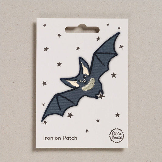 Bat iron-on embroidered patch, dark blue bat with stars on white backing