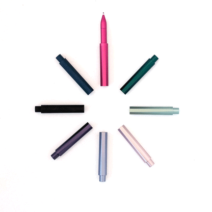 Refillable writing pen assortment, pink, teal, black, and silver barrels