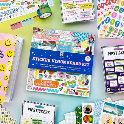 Vision board sticker kit assortment with colorful sticker sheets and accessories