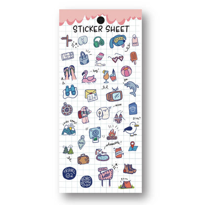 Clear planner sticker sheet with travel-themed icons and small illustrated labels