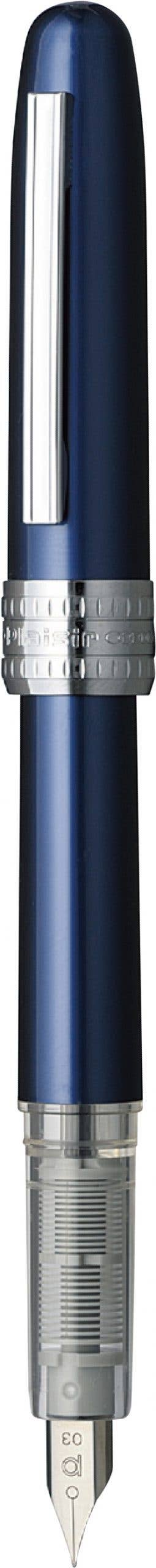 Dark blue fountain pen with silver clip, barrel details, and pointed nib tip