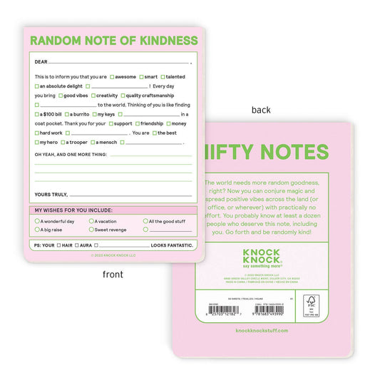 Nifty note pad showing front and back covers, pink with bold green lettering