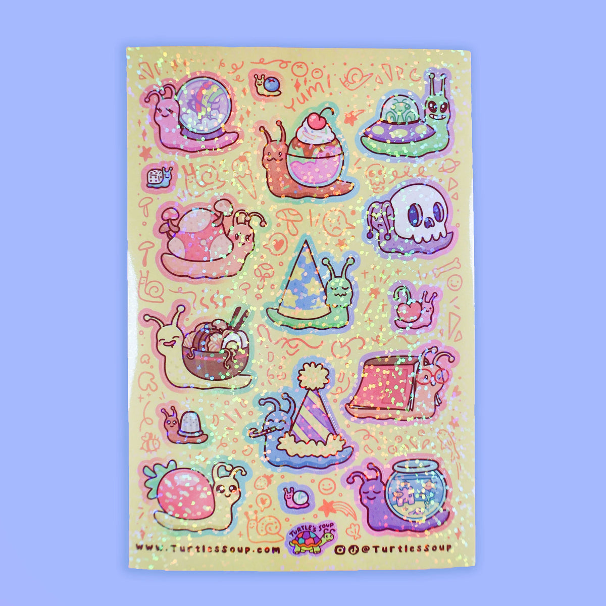 Glitter sticker sheet featuring pastel cartoon snails, potions, and ghosts