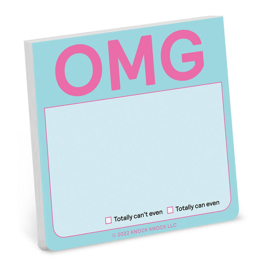 Pastel blue sticky note pad with pink 'OMG' header and blank writing area