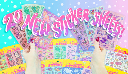 Pack of colorful fruit glitter sticker sheets with New stickers banner