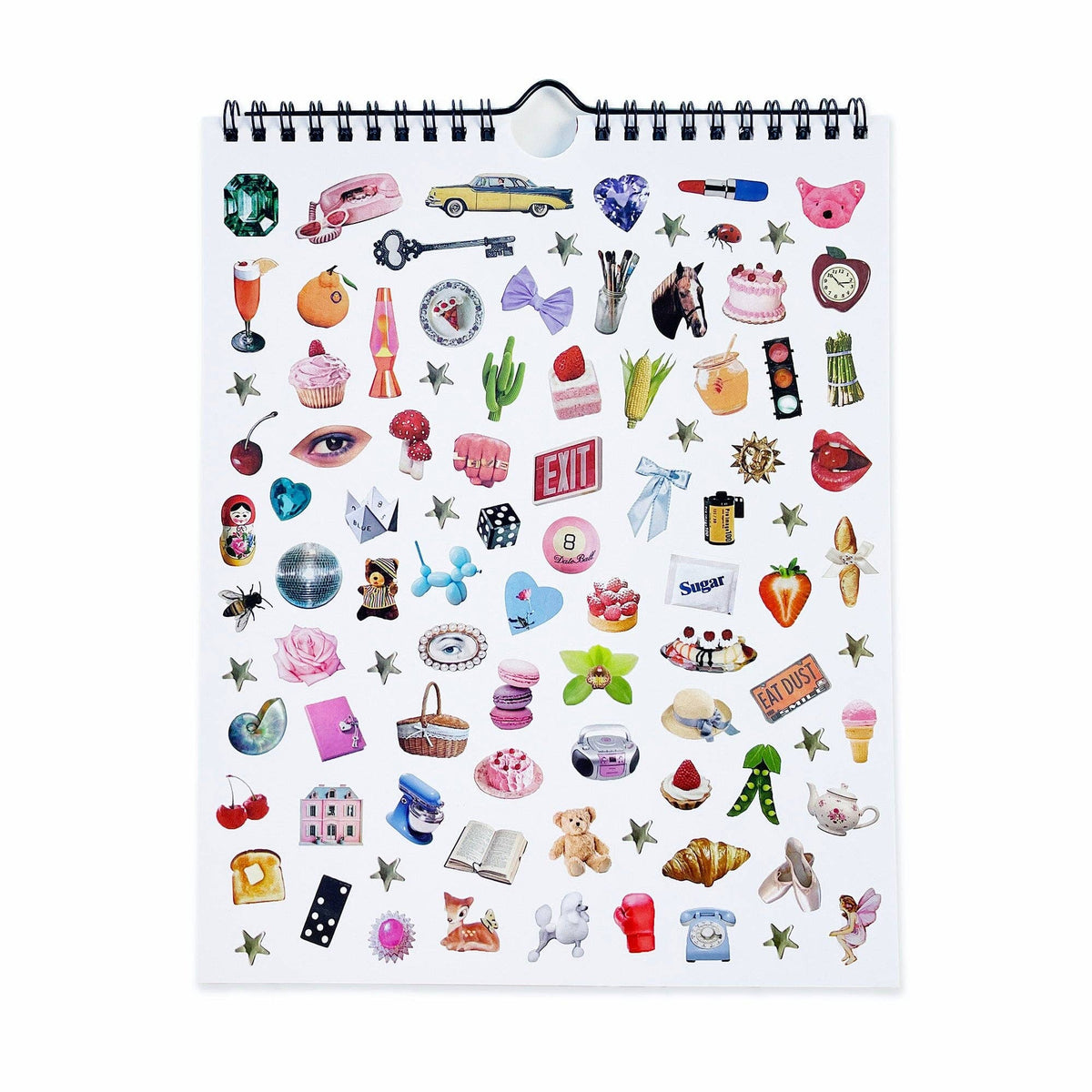 Sticker wall calendar back cover with spiral binding and assorted decorative sticker illustrations.