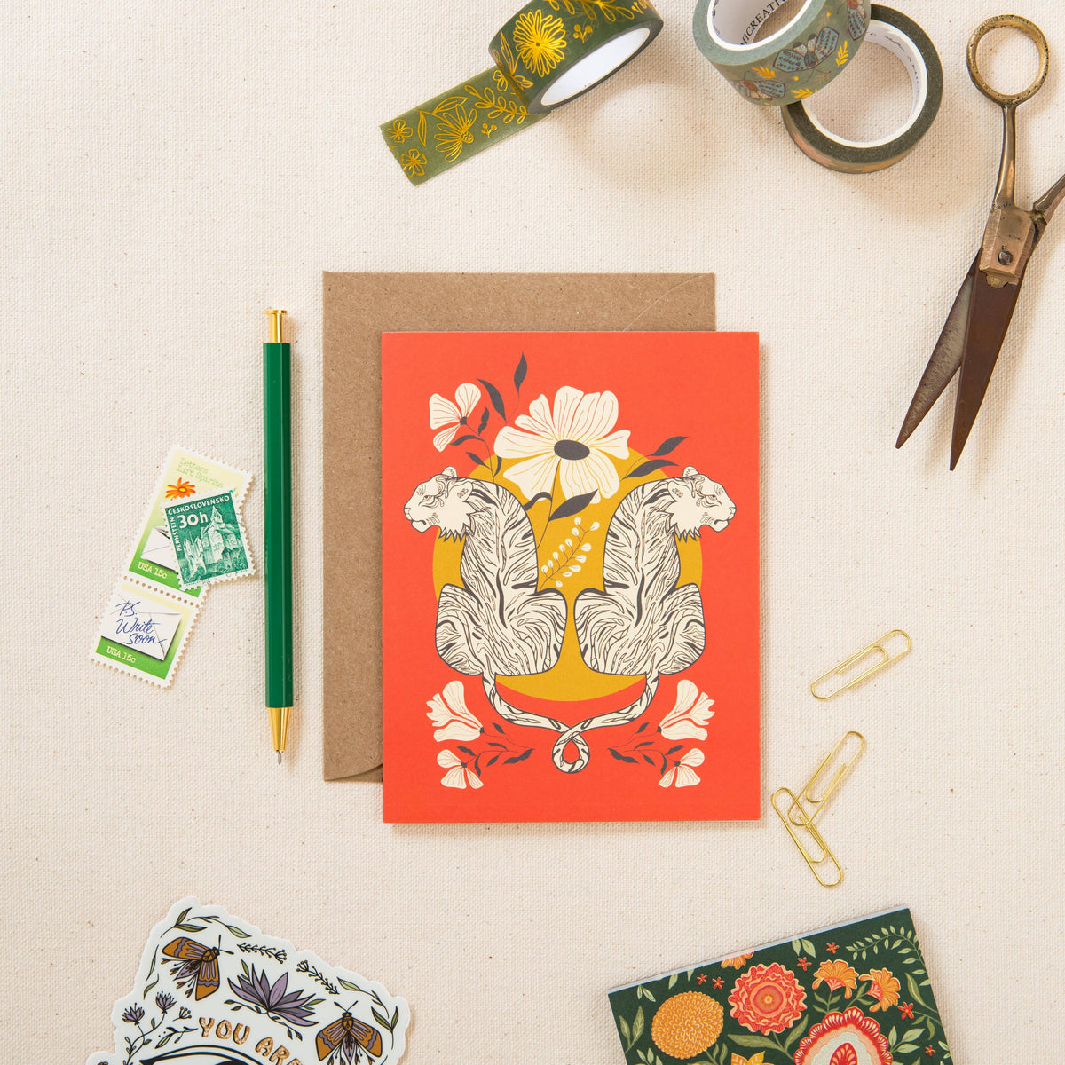 Tiger friendship greeting card with floral artwork and kraft envelope