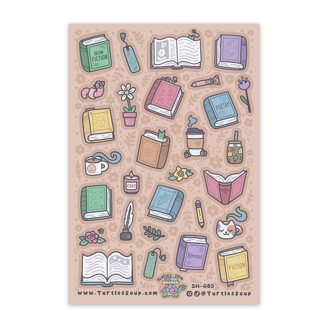 Glitter sticker sheet with illustrated books, pens, cups, and flowers