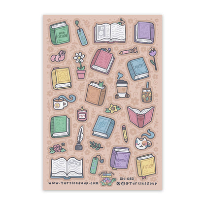 Glitter sticker sheet with illustrated books, pens, cups, and flowers