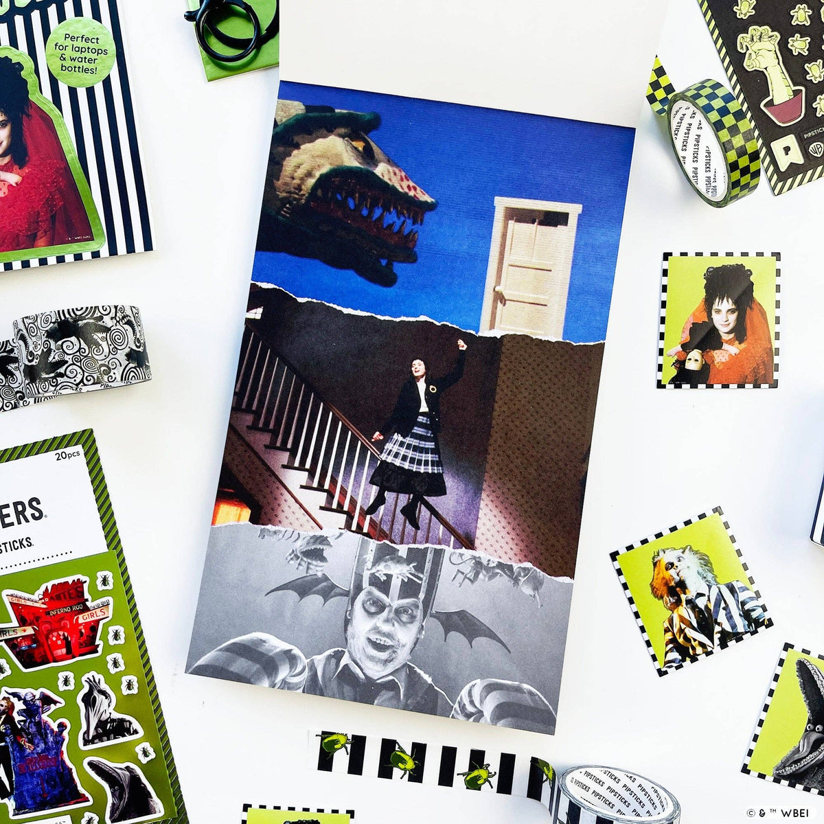 Sticker sheet with blue rooftop scene and grayscale monster face with bats