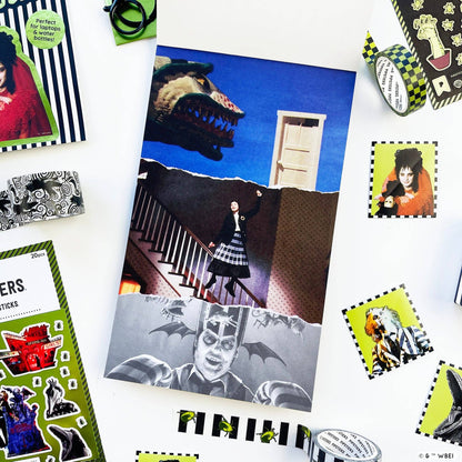 Sticker sheet with blue rooftop scene and grayscale monster face with bats