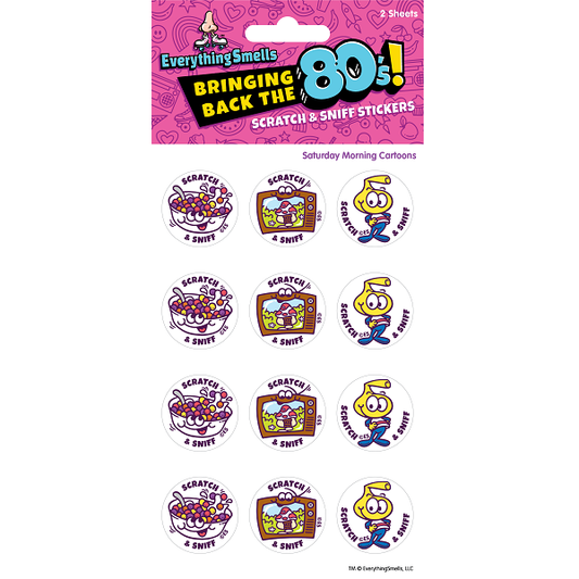 Scratch-and-sniff sticker sheet featuring nine round 'Scratch & Sniff' designs