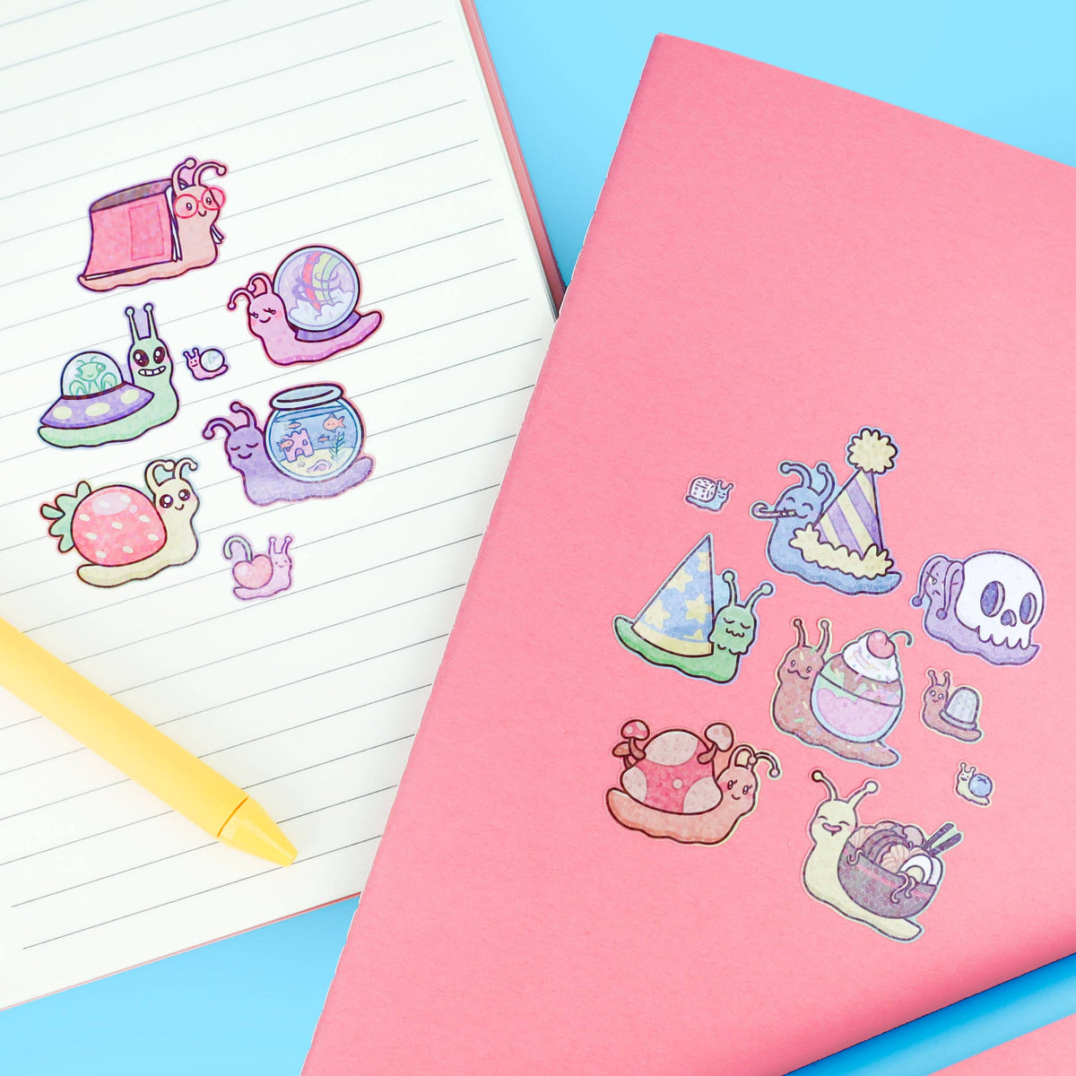 Glitter sticker sheet with snail and potion character stickers on sheet