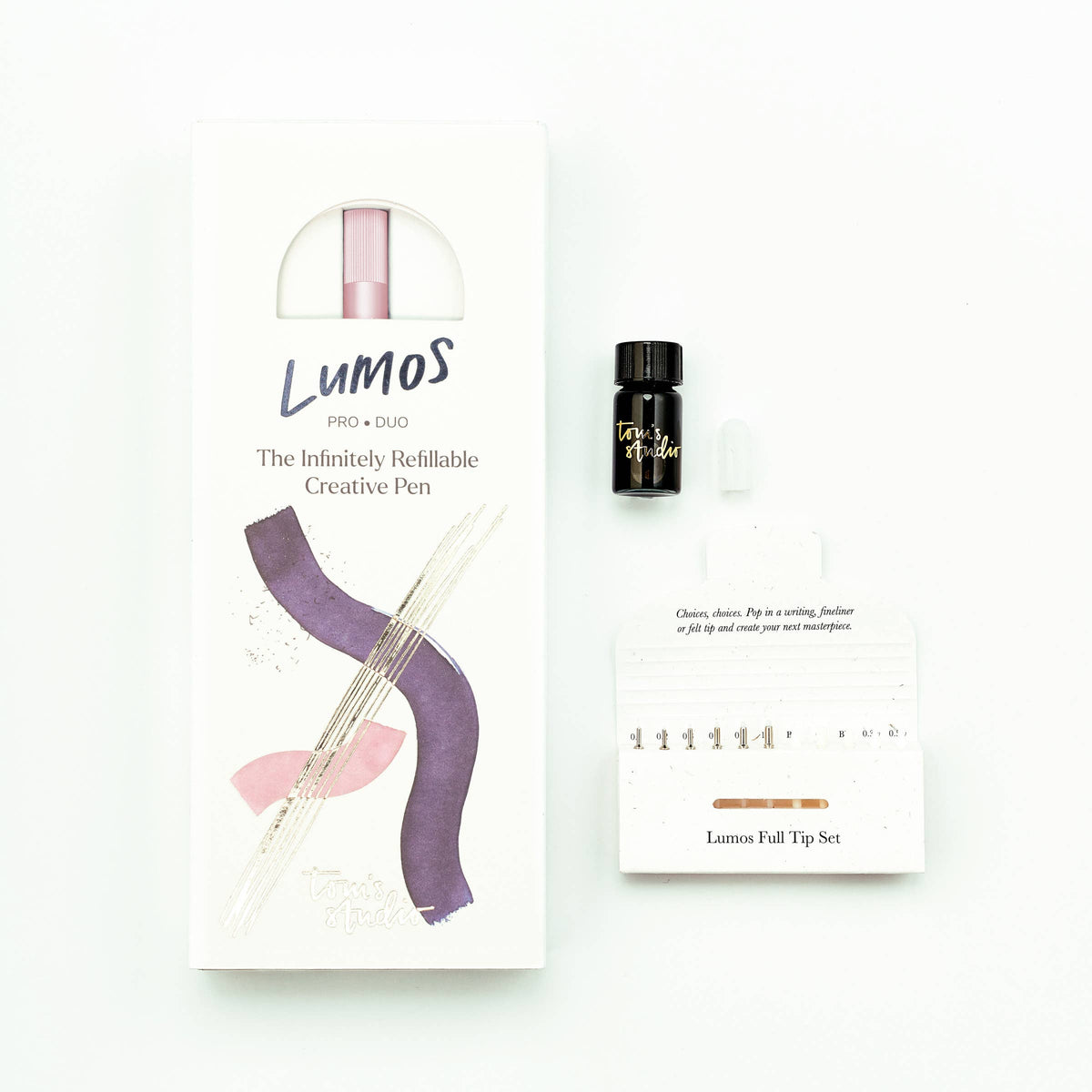 Refillable multi-tip pen set with pale pink duo pen, box, and ink refill vial