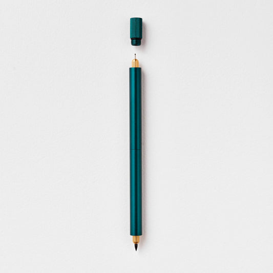 Teal refillable multi-tip pen with capped top and gold writing tip