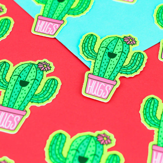 Hugs Potted Cactus Green Plants Water Bottle Vinyl Sticker