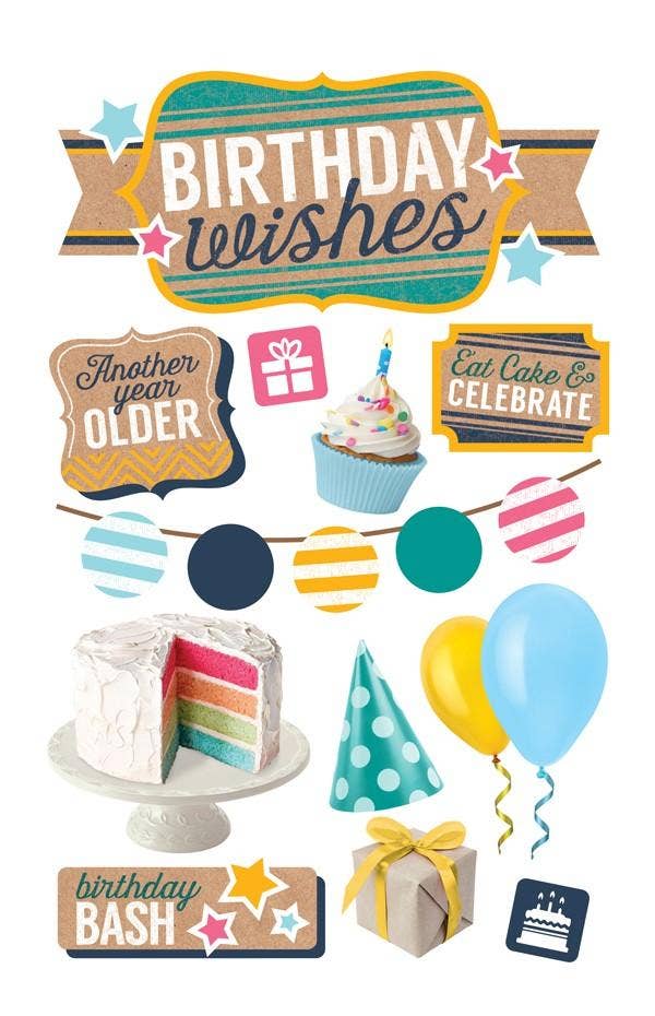 3D birthday wishes scrapbook sticker set with cupcakes, gifts, balloons, and birthday text