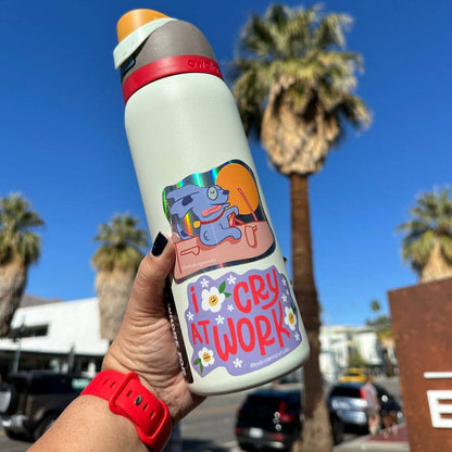 Holographic dog driving sticker on bottle, colorful dog and CRY at WOLF text