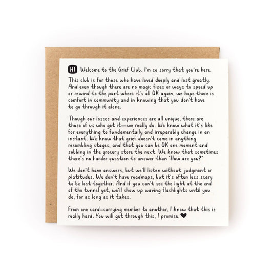 Sympathy card with letterpress-style printed text, cream card and kraft envelope