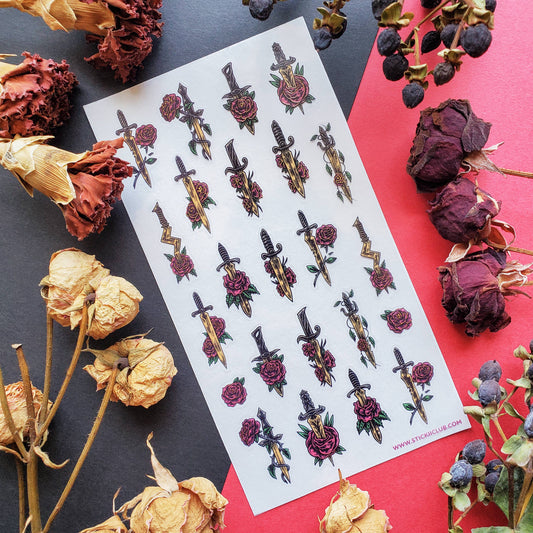 Floral sword sticker sheet featuring rose and dagger icons in rows