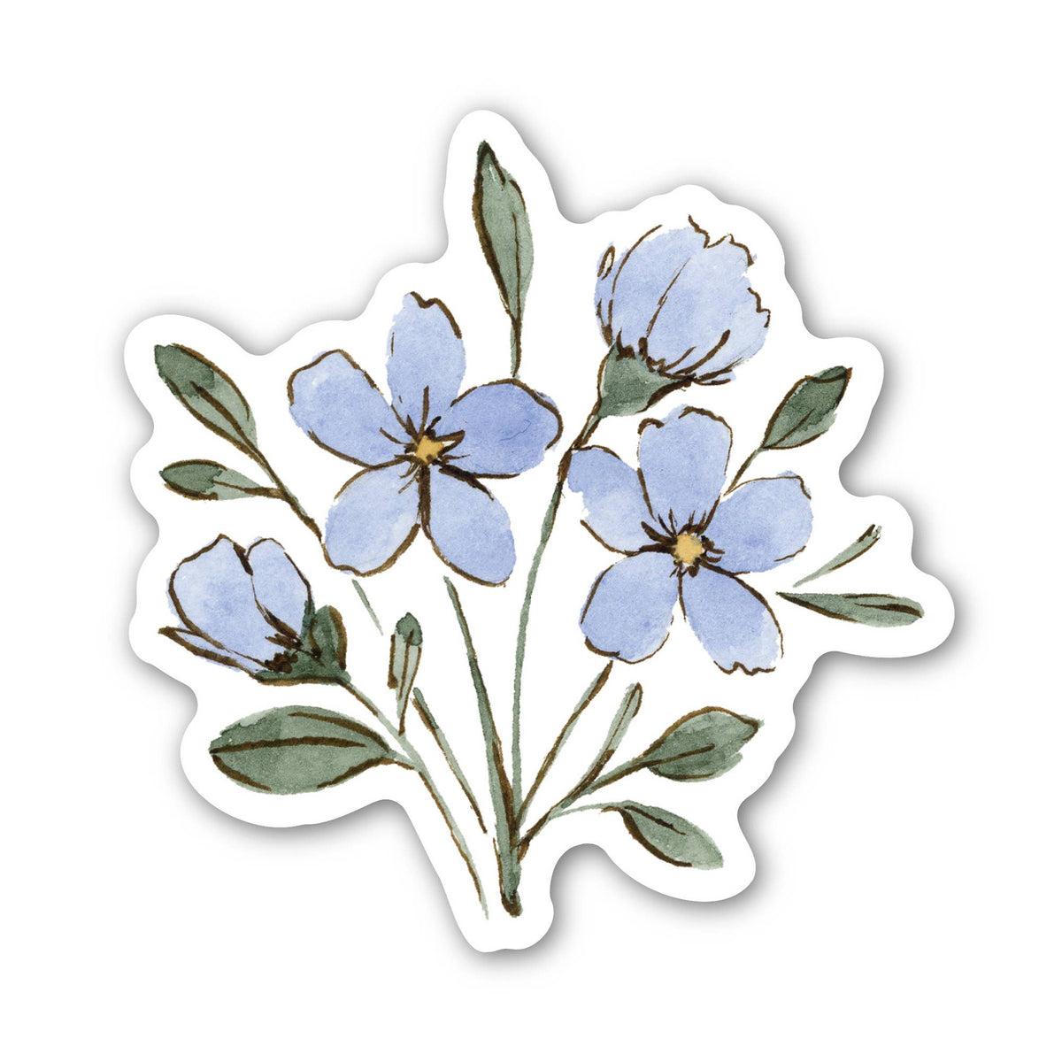 Blue watercolor flower vinyl waterproof sticker with white outline and green leaves