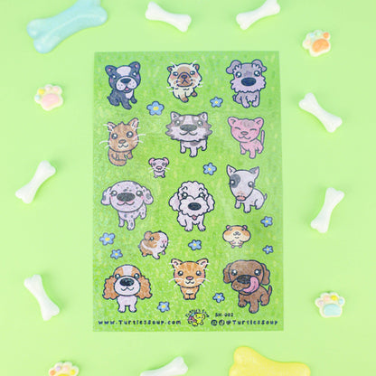 Animal sticker sheet featuring big-head pets, small characters, and blue flowers