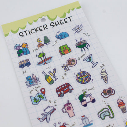 Clear planner sticker sheet with grid background and travel-themed sticker icons