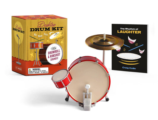 Desktop drum kit with red snare drum and gold cymbal, starter accessories
