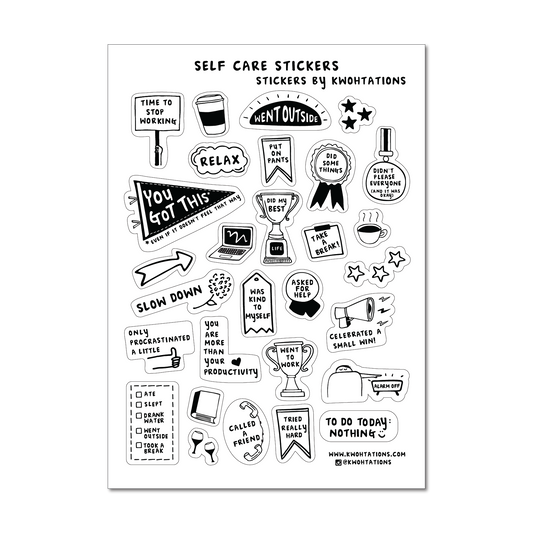 Clear journaling sticker sheet with black self-care quotes and icons