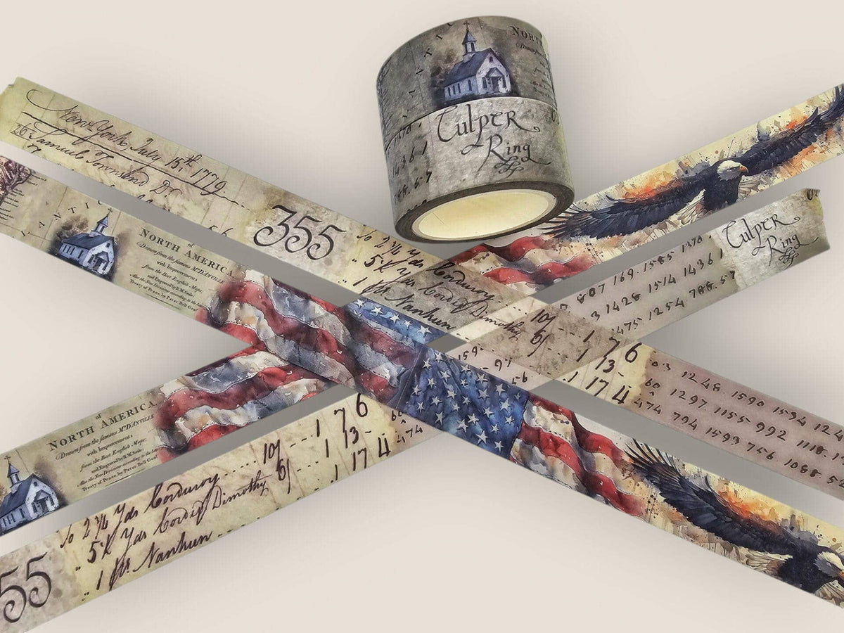 Washi tape set featuring vintage map and numbers print, two rolls with flag stripes