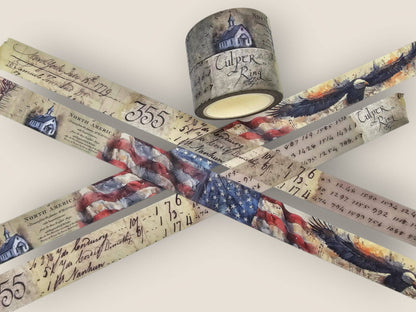 Washi tape set featuring vintage map and numbers print, two rolls with flag stripes