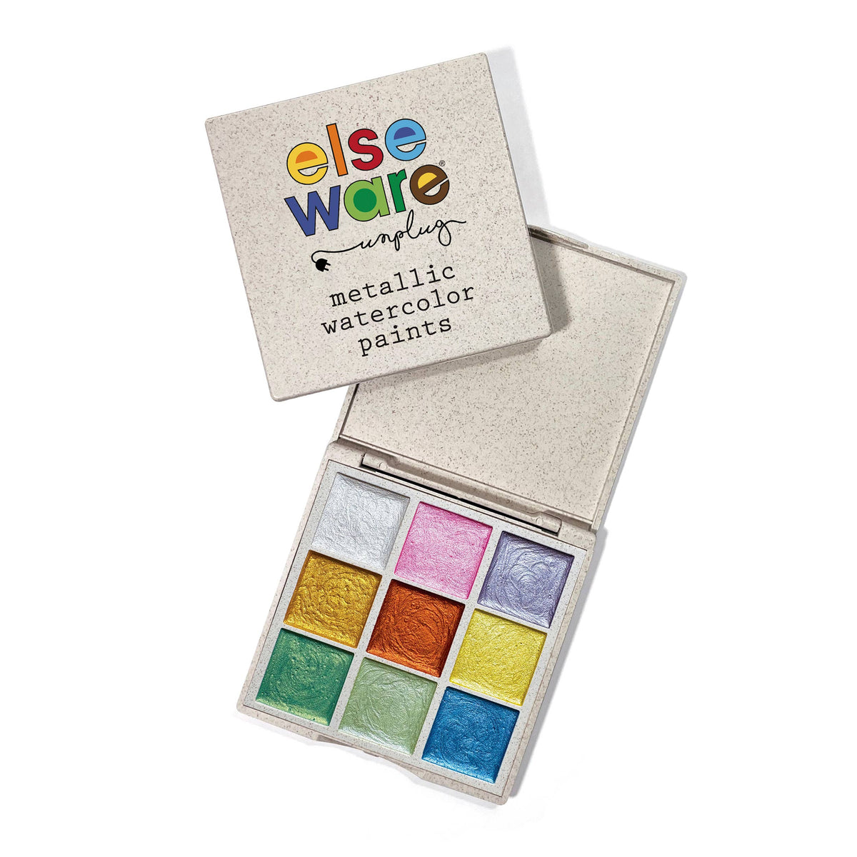 Metallic watercolor paint set with 9 glittery color pans in open case