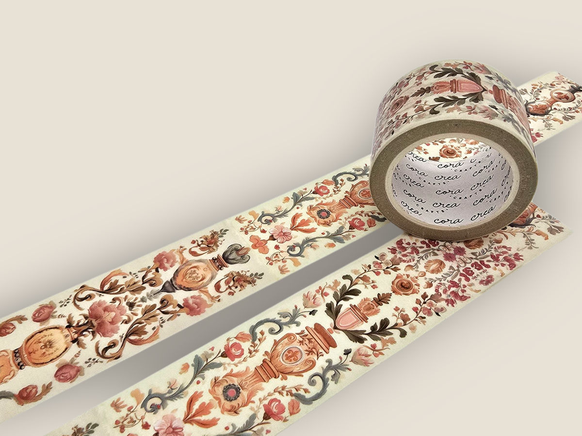 Tapestry washi tape roll on patterned strip with warm floral border and accents