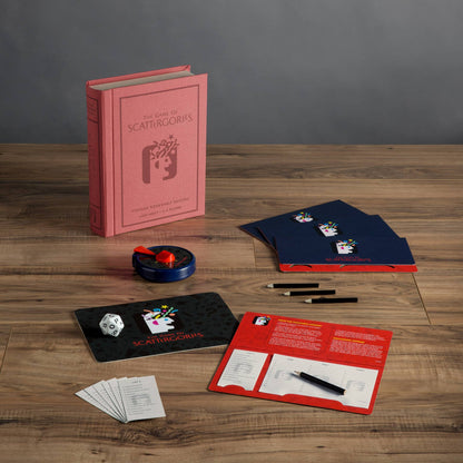 Vintage board game components spread: rule cards, box, dice, and score pad