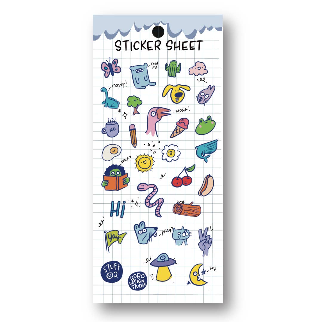 Clear planner sticker sheet with assorted colorful cartoon stickers on a white grid backing