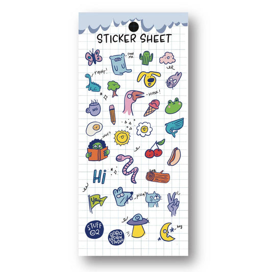 Clear planner sticker sheet with assorted colorful cartoon stickers on a white grid backing