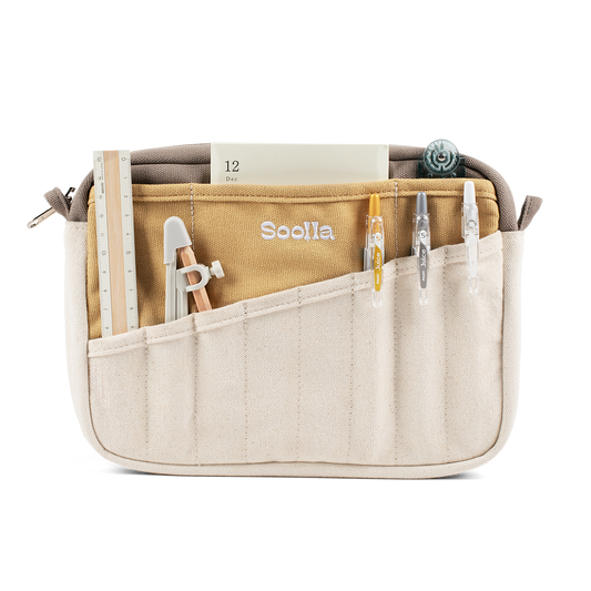 Canvas stationery pouch by Soolla in driftwood, zip top with pen slots