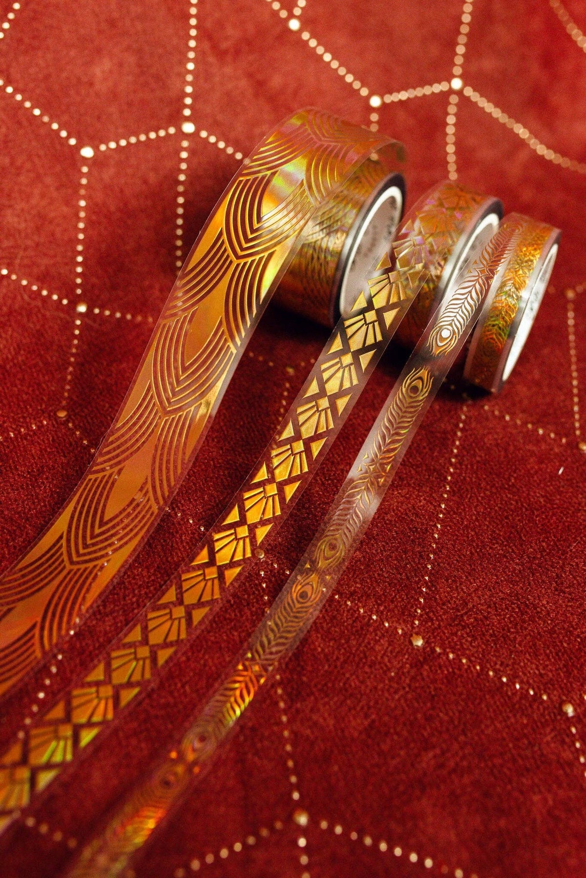 Gold art deco transparent tape set featuring four patterned tape rolls