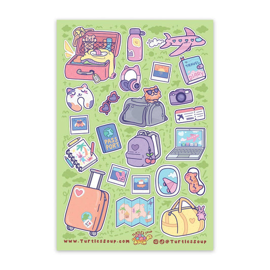 Travel-themed sticker sheet with pastel suitcase, camera, passport, and phone icons