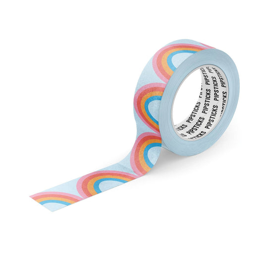 Rainbow-pattern washi tape roll with pastel stripes on light blue backing