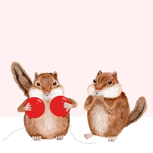 Greeting card close-up: two squirrels holding red balloons