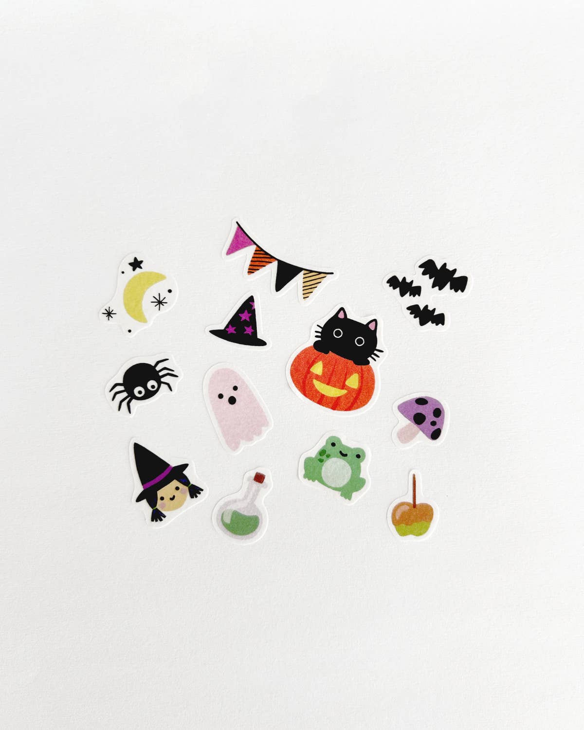 Set of loose Halloween washi stickers: black cat, pumpkin, bats, ghosts, witch hat
