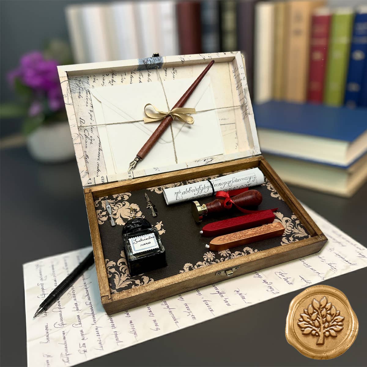 Wax seal kit wooden box with calligraphy pen, ink pad, wax tools, and gold seal stamp