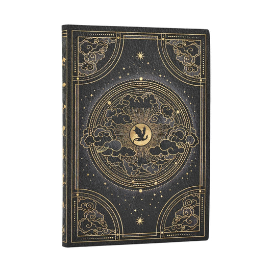 Softcover journal with dark navy cover and gold dragon celestial artwork