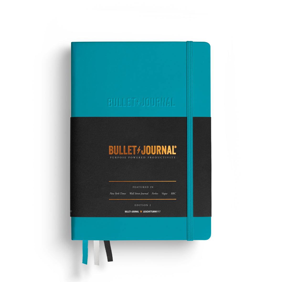 Two-tone teal and black Bullet Journal Edition 2 notebook with elastic bookmark ties