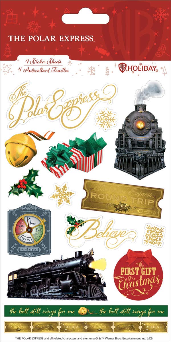 Holiday train-themed decorative sticker pack sheet with gold, green, and blue designs