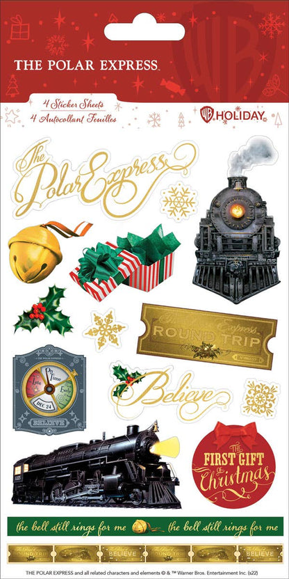 Holiday train-themed decorative sticker pack sheet with gold, green, and blue designs