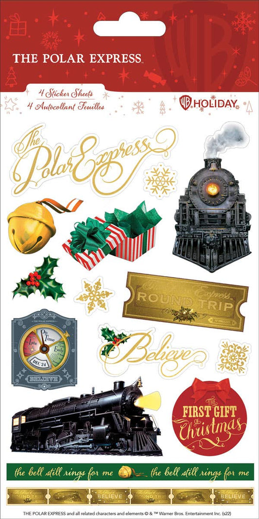 Holiday train-themed decorative sticker pack sheet with gold, green, and blue designs
